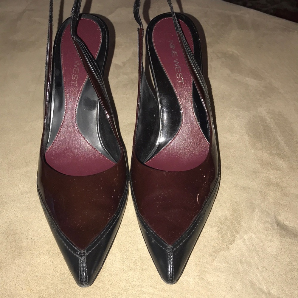 Burgundy and black sling backs